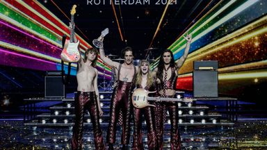 Maneskin from Italy celebrate with the trophy after winning the Grand Final of the Eurovision Song Contest at Ahoy arena in Rotterdam, Netherlands, Saturday, May 22, 2021. (AP Photo/Peter Dejong)